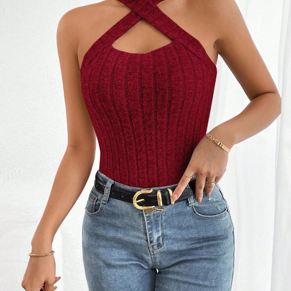 Burgundy Casual Women's Ribbed Knit Crisscross Halter Top - Picture 4 of 6